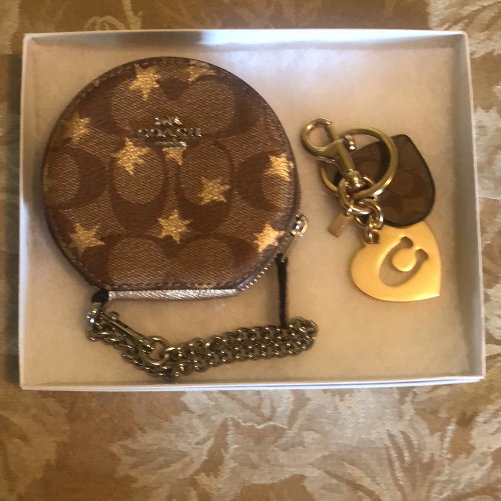 Coach wristlet & keychain charm icon leather with gold stars - new no tags;